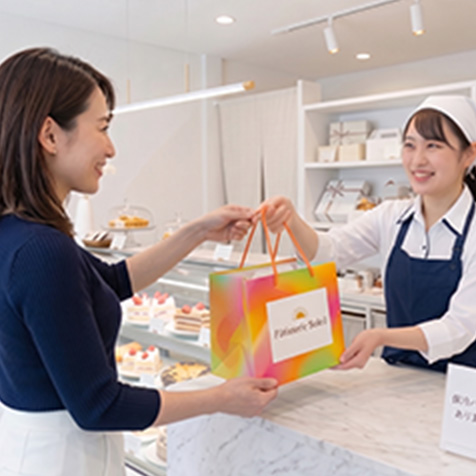 洋菓子店のレジで店員から紙袋に入った商品を受け取る女性