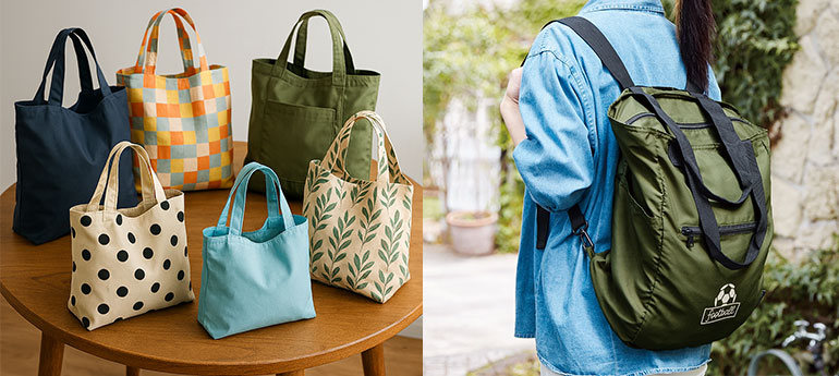 サイズ・形状・デザインが異なる6つのポリエステル製のトートバッグと、2WAYのポリエステル製トートバッグを、リュックとして背負った女性が写っているイメージ画像