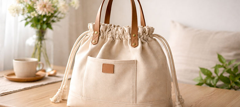 口の部分が巾着で閉まっている、巾着型トートのイメージ画像