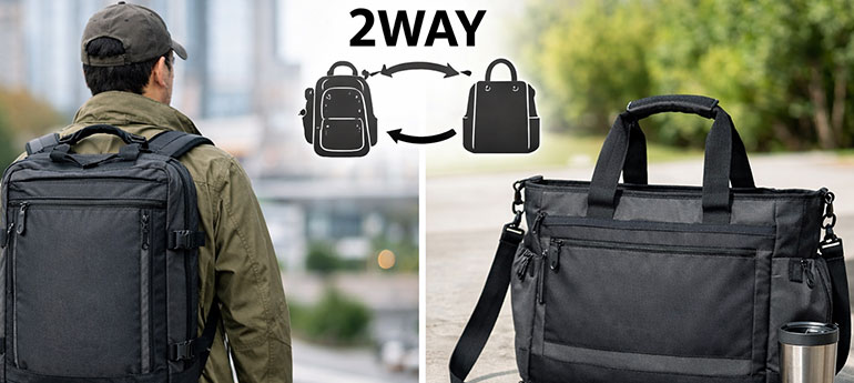 リュックサックと手持ちバッグとして使用できる、黒い2WAYトートバッグのイメージ画像