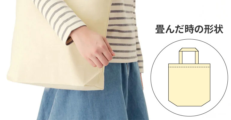 女性が三角マチのトートバッグを肩に掛けているイメージ画像と、三角マチタイプのバッグを折りたたんだ時の形状のイラスト