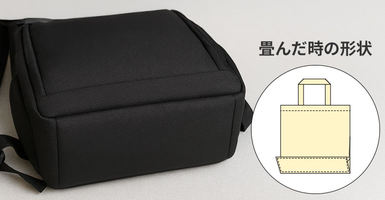 別マチのバッグのマチ部分がアップになっているイメージ画像と、別マチタイプのバッグを折りたたんだ時の形状のイラスト