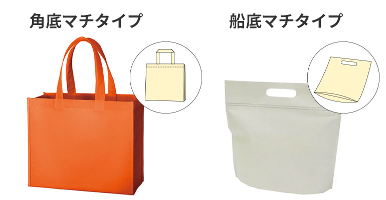 マチありの角底マチタイプ（ボックス型マチ)トートバッグのイメージ画像と、マチありの船底マチタイプトートバッグのイメージ画像が並んでいて、それぞれのトートバッグを折りたたんだ時の形状のイラスト