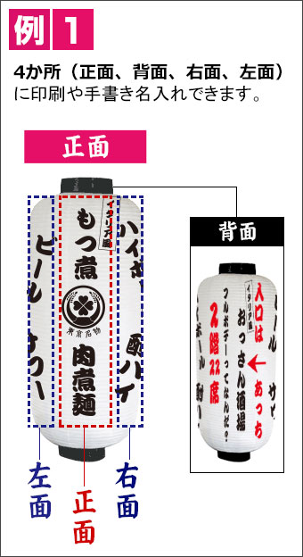 例1 4か所（正面、背面、右面、左面）に印刷や手書き名入れできます。