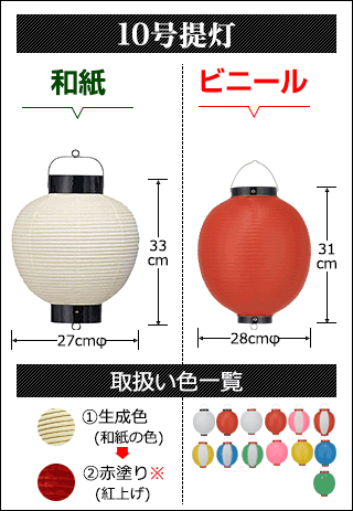 10号提灯　和紙:直径24cm×高さ31cm ビニール:直径24cm×高さ28cm