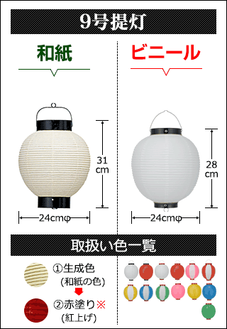 ９号提灯　和紙提灯:直径24cm×高さ31cm ビニール提灯:直径24cm×高さ28cm