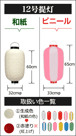 12号提灯　和紙提灯:直径32cm×高さ60cm ビニール提灯:直径33cm×高さ65cm