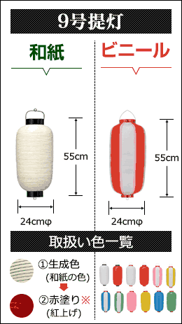 ９号提灯　和紙提灯:直径24cm×高さ55cm ビニール提灯:直径24cm×高さ55cm