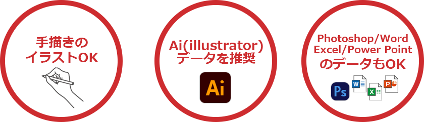 手描きのイラストOK Ai(Illustrator)データを推奨 Photoshop/Word/Excel/PowerPointのデータもOK