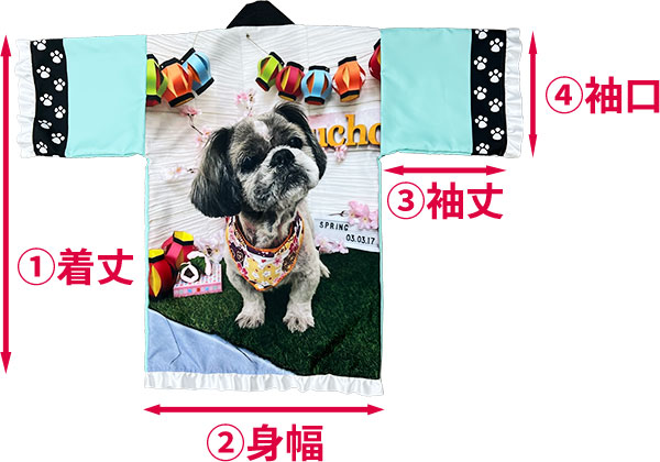 法被の寸法：①着丈 ②身幅 ③袖丈 ④袖口