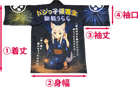 法被の寸法：①着丈 ②身幅 ③袖丈 ④袖巾