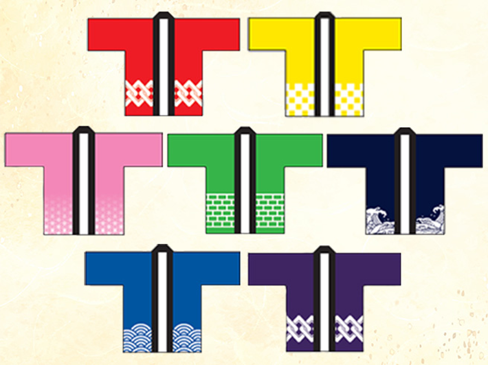 吉原柄、市松柄、波柄、麻の葉柄、一の字柄、青海波柄、矢絣柄の全７柄