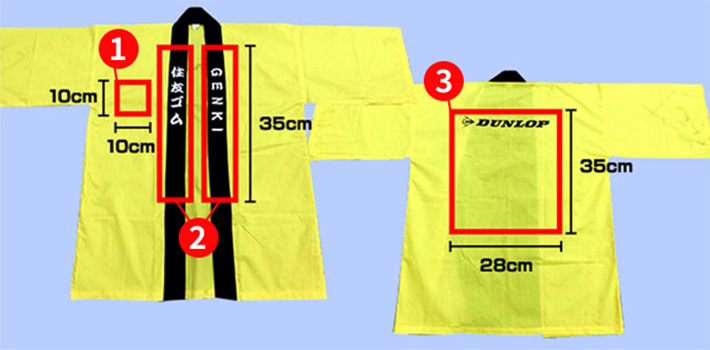 1襟元：10cm×10cm、2両襟：縦35cm以内、3背中：28cm×35cm以内