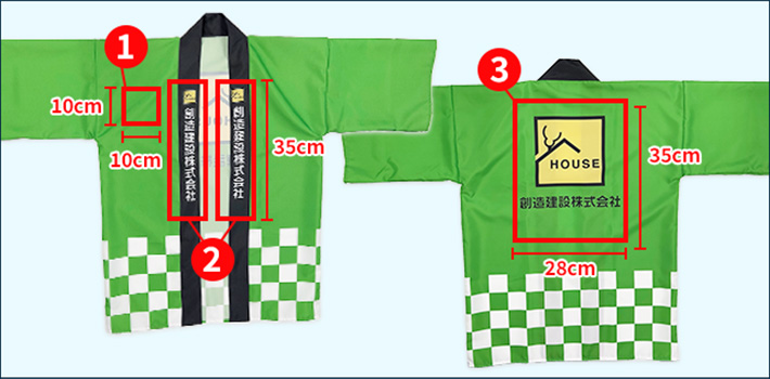 1襟元：10cm×10cm、2両襟：縦35cm以内、3背中：28cm×35cm以内