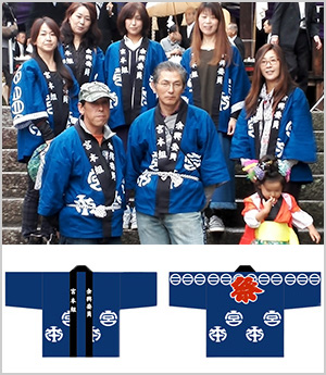 余興委員 宮本組様のお祭り用法被の実績画像と法被のデザインデータ