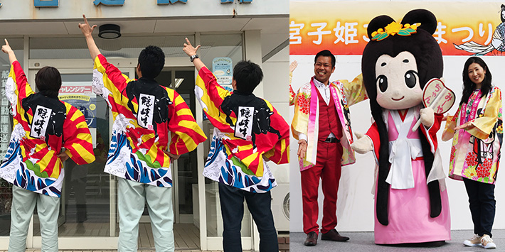 PRやイベンで法被全面にフルカラー印刷した法被を着用している様子