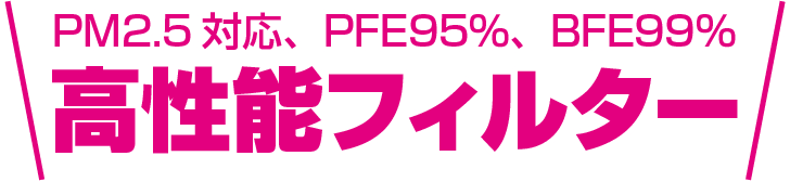 PM2.5対応、PFE95％、BFE99％ 高性能フィルター