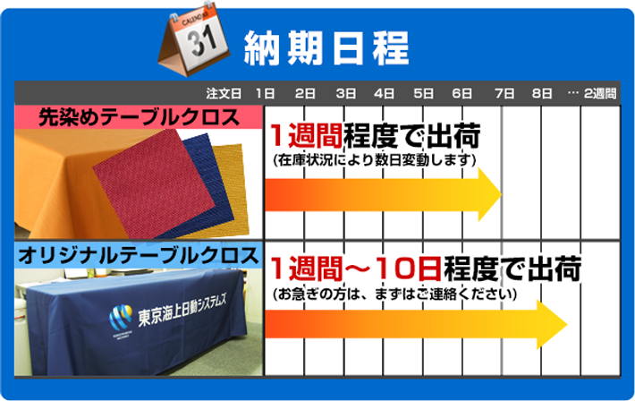 納期日程 先染めテーブルクロスは1週間程度で出荷(在庫状況により数日変動します) オリジナルテーブルクロスは1週間~10日程度で出荷(お急ぎの方は、まずはご連絡ください)