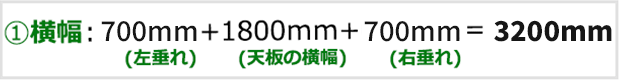 ①横幅：600mm(左垂れ)+1800mm(天板の横幅)+600mm(右垂れ)=3000mm